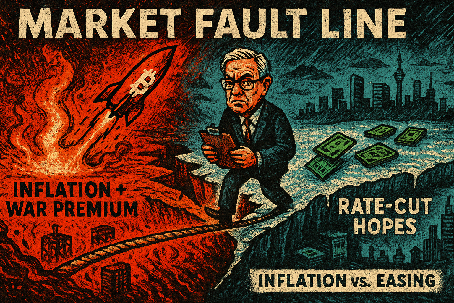 Trader on sagging dollar tightrope Blue steam rising from an oil pit below Shadowy audience watching nervously Powell caricature looming at the rope’s end
