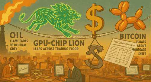 Trading floor calms as oil fades, chip lion leaps, dollar sags, and Bitcoin floats over mortgage doc.