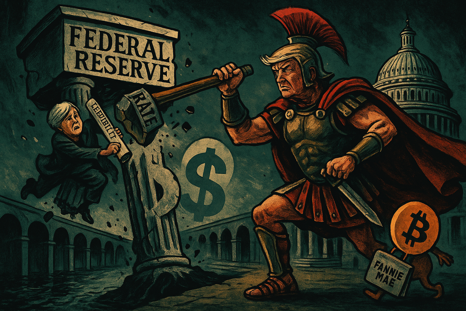 Trump in gladiator gear smashing a giant “Federal Reserve” column with a rate-cut hammer Powell dangling from the ruins, clutching a “Credibility” scroll A ghostly dollar symbol leaking oil like a busted pipeline Bitcoin sneaking out the Capitol back door with a Fannie Mae briefcase