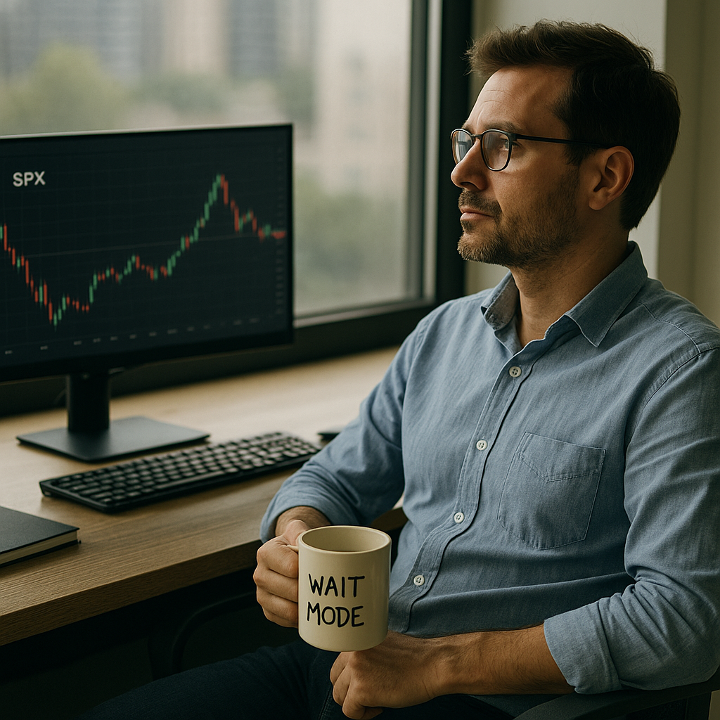 Trader sitting idle, waiting for setup confirmation with calm intention.