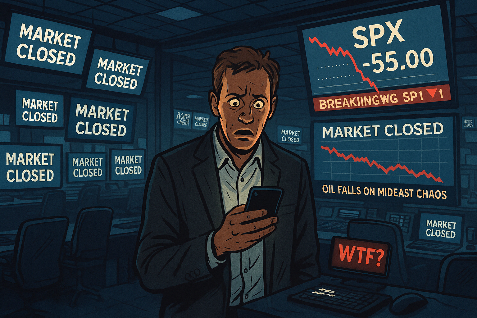 A trading floor is empty except for one trader holding his phone in disbelief, surrounded by glowing screens that all say: “MARKET CLOSED”… but SPX is dropping in the background. Overlayed ticker shows “-55pts” and breaking oil news. A digital “WTF?” alert flashes in corner.