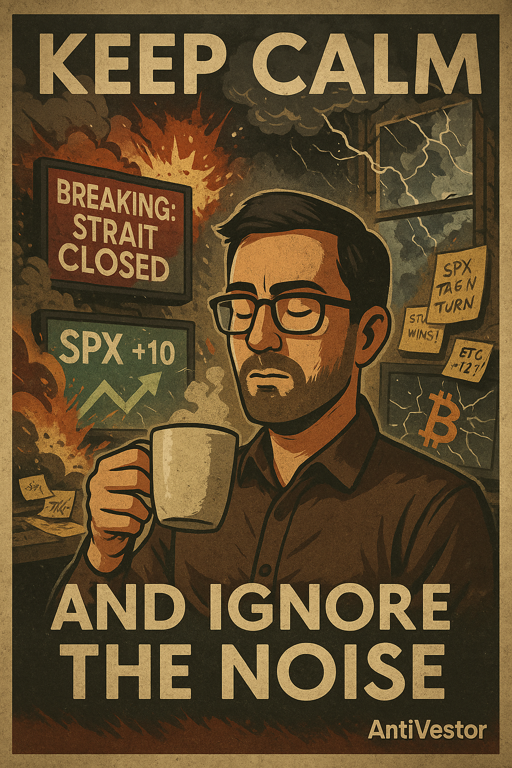 War headlines behind a calm trader as SPX stays steady and crypto crashes.