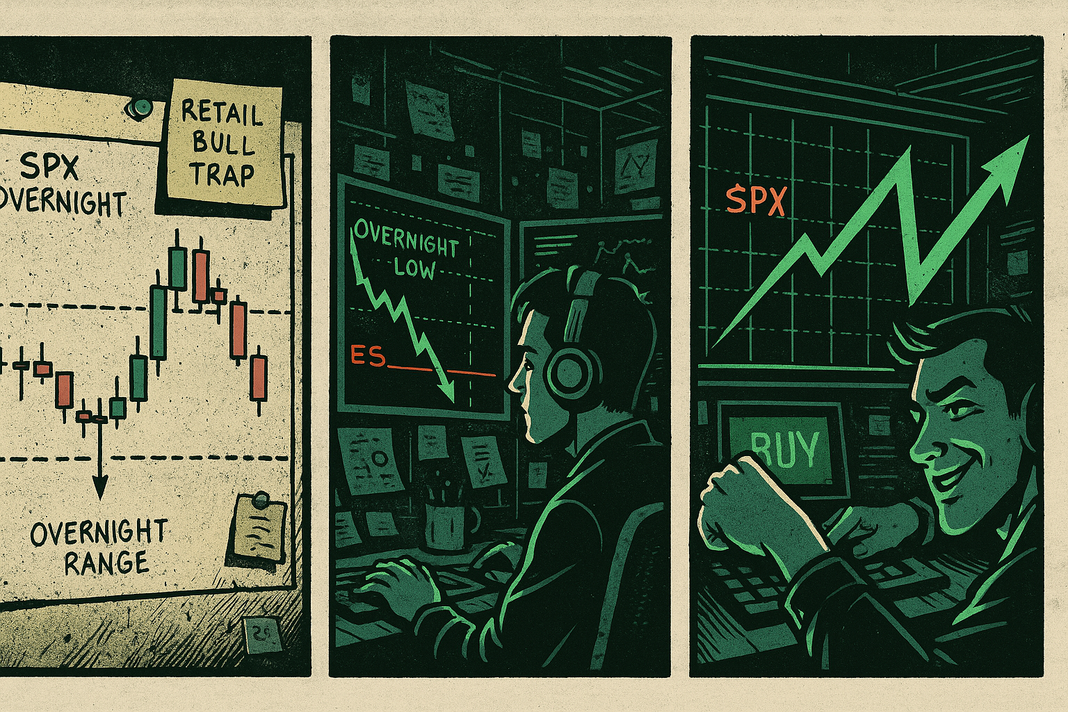 Comic sequence shows overnight sweep leading to confident early trade.