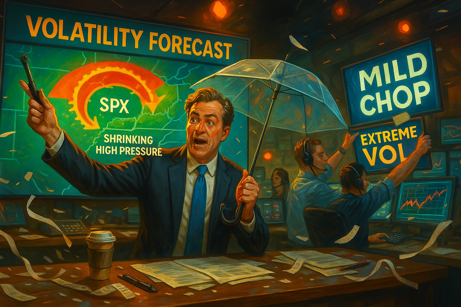 Satirical weather-room anchor downgrades market storm to mild chop as bands squeeze.