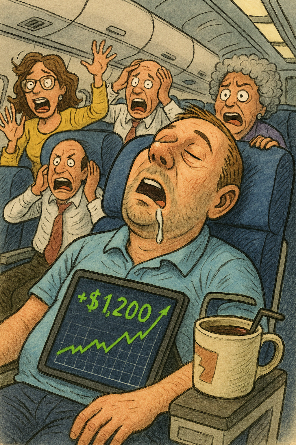 Humorous cartoon of a sleeping trader profiting while markets sell off around him.