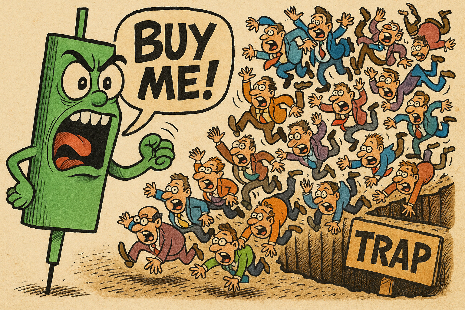 Meme-style visual showing how misleading green candles can trigger FOMO trades.