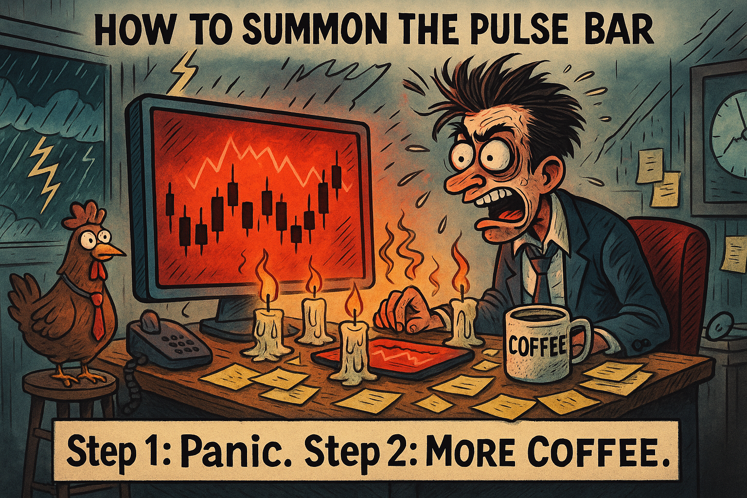 Chaotic trading meme with a trader trying to summon a signal through caffeine and ritual.