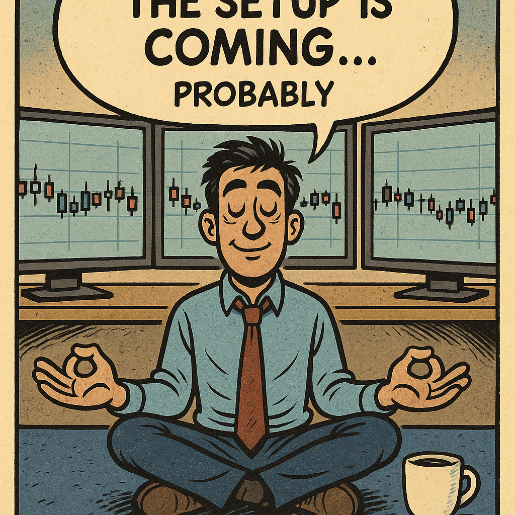 Cartoon trader meditating while waiting for the market to give a clean entry.