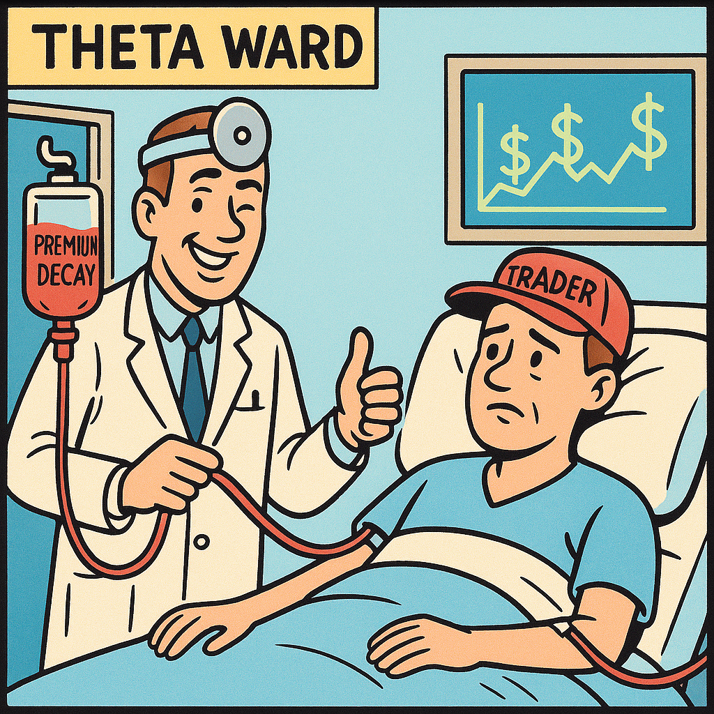 Cartoon doctor plugs trader into IV bag labeled premium decay for theta drip.
