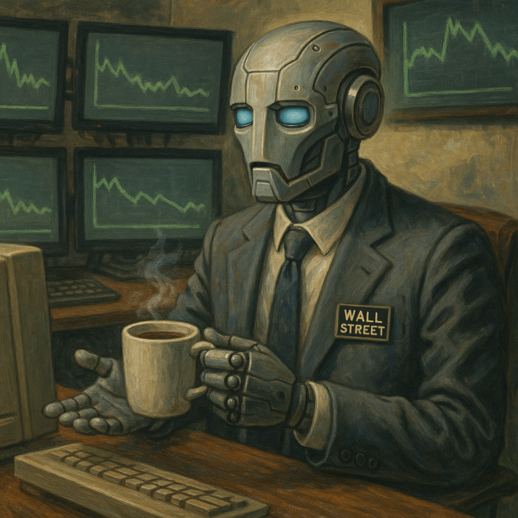 Satirical AI trader calmly rejecting trades during Monday chop.