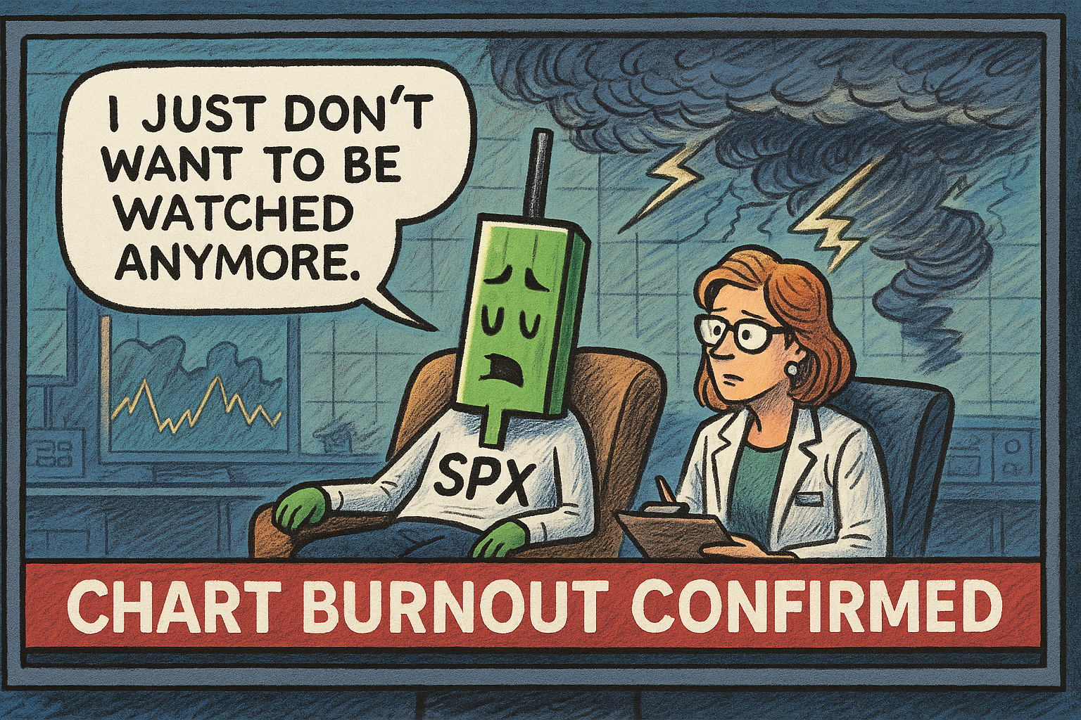 Satirical news segment where SPX candle goes to therapy. Caption: “Chart Burnout Confirmed.”