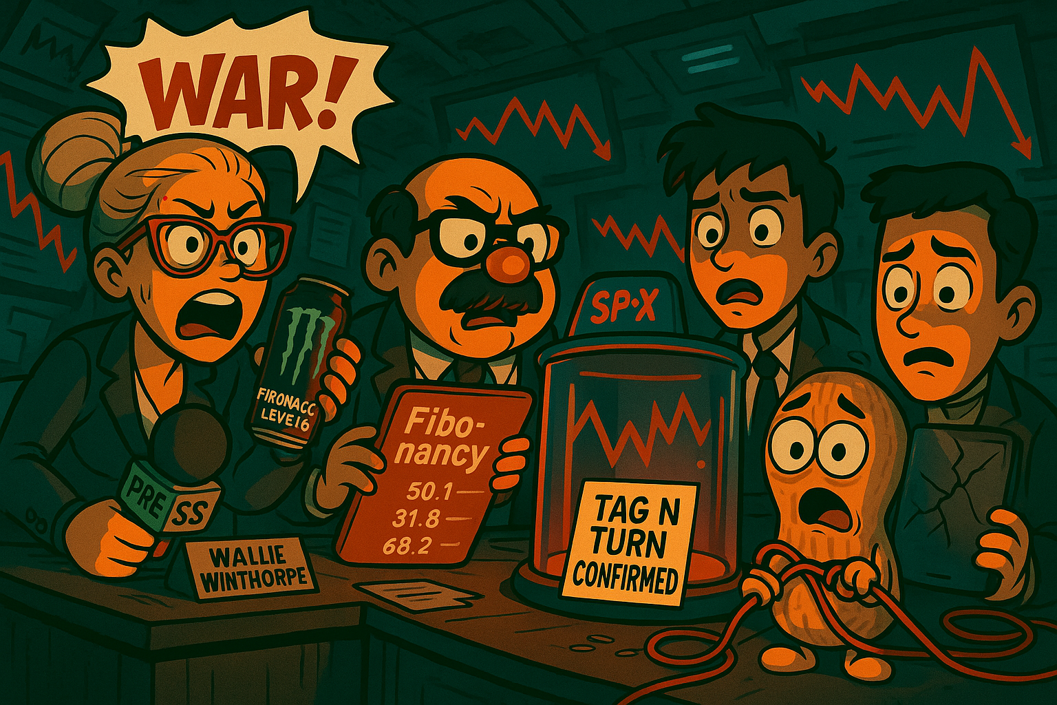 Satirical newsroom chaos as crypto panics and SPX stays stable.