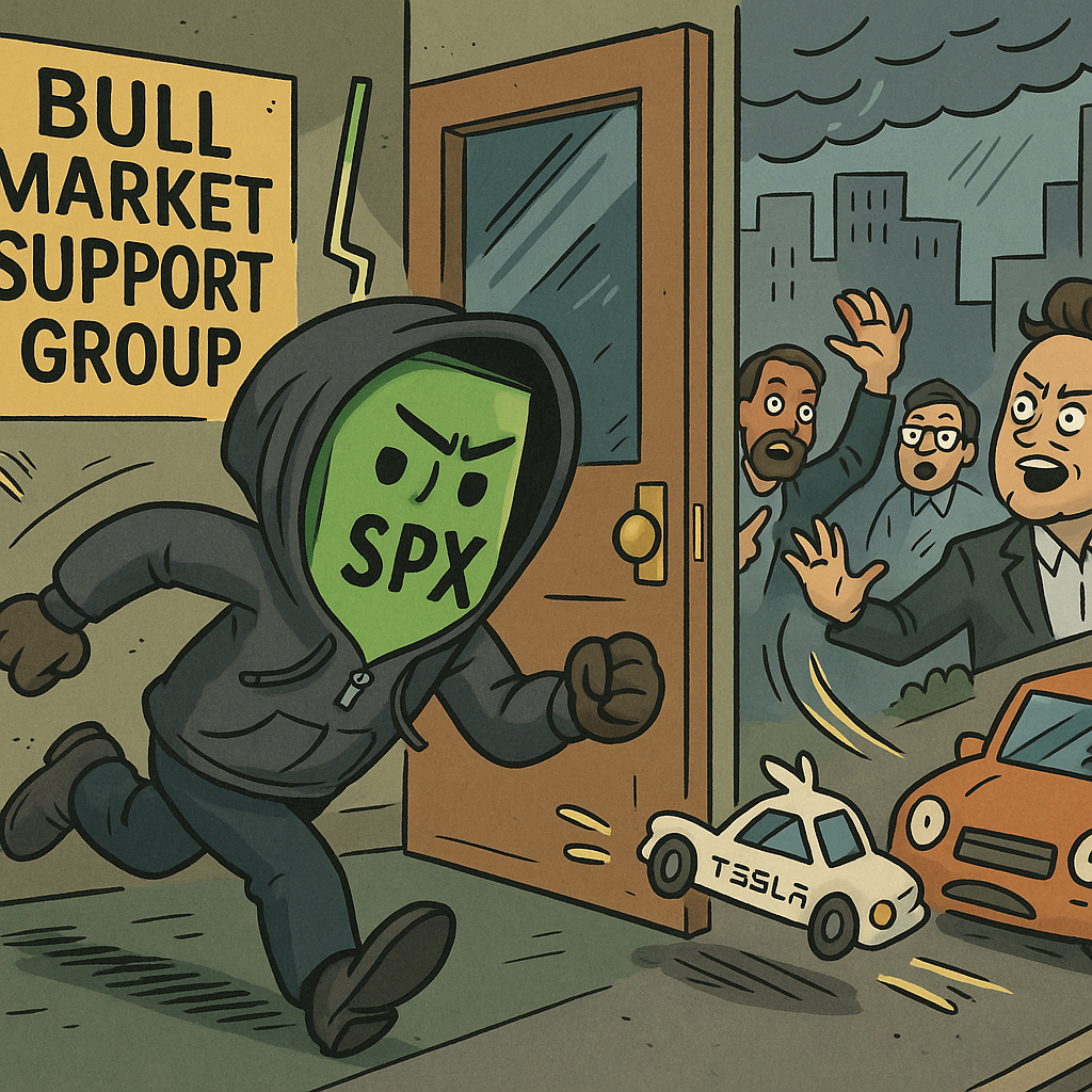 Satirical chaos after bullish support collapses.