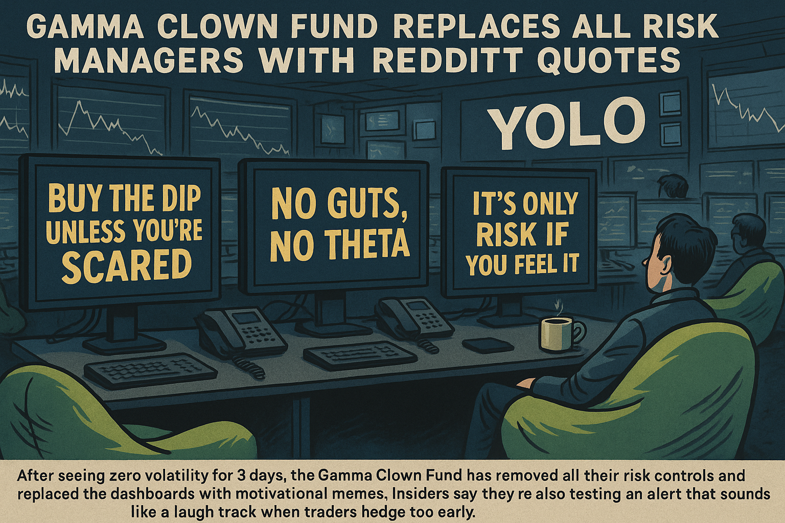 Custom "Gamma Clown Fund" weather room image complete. Satirical chaos and meme-fueled madness — perfectly on-brand. Ready to deploy.