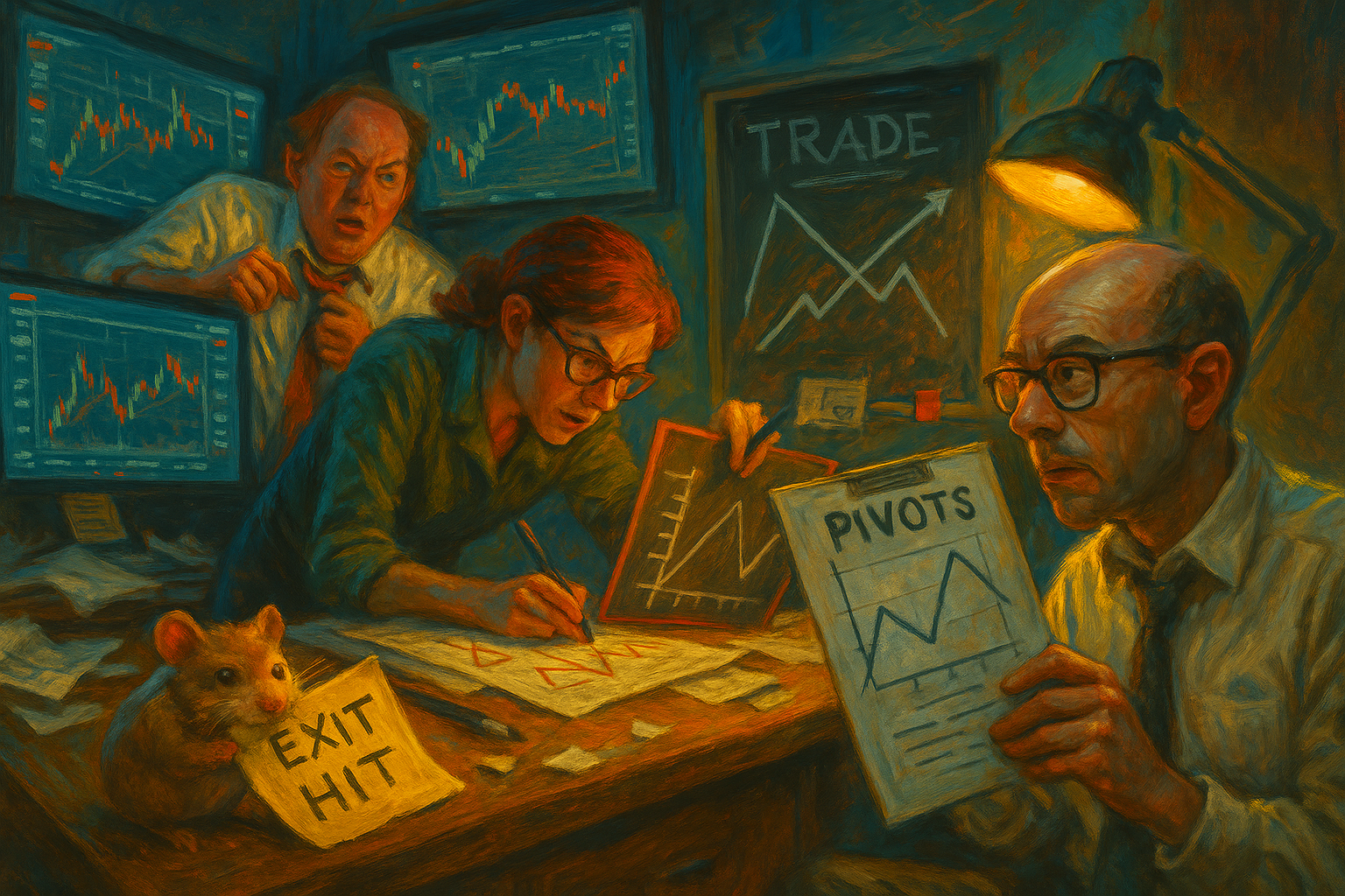 IMAGE: Rumour Size: widescreen-medium Style: AntiVestor Realist Satire Prompt: Newsroom chaos — Hazel scribbles triangles, Wallie flips between charts, Kash holds up an outdated pivot chart. Peanut quietly munches a sticky note that reads “Exit Hit.” Metaphor: confusion vs conviction. Palette: teal-red chaos, amber spotlight. Angle: mid-room semi-realistic. ALT-TEXT: Satirical chaos as AntiVestor crew debates a trade already closed.