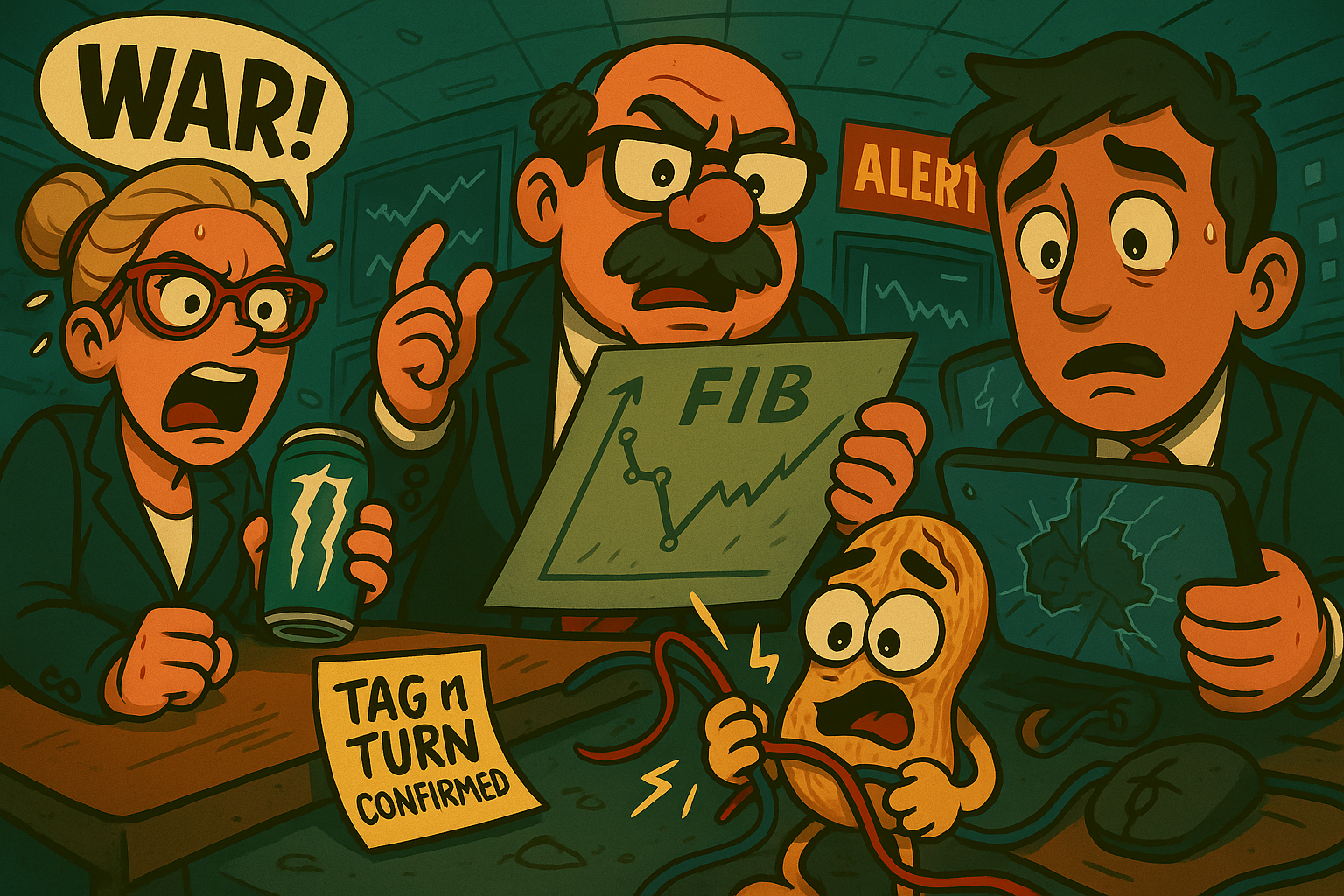 Satirical newsroom chaos as AntiVestor team reacts to market absurdities.