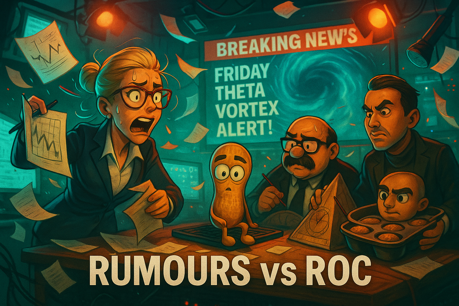 Hazel swears the market momentum came from a Friday theta vortex swirling beneath 6130… Wallie says he saw muffins forming on the daily chart… and Kash keeps drawing triangles on the sundial. Meanwhile, Peanut just sits on the keyboard - blissfully collecting ROC.