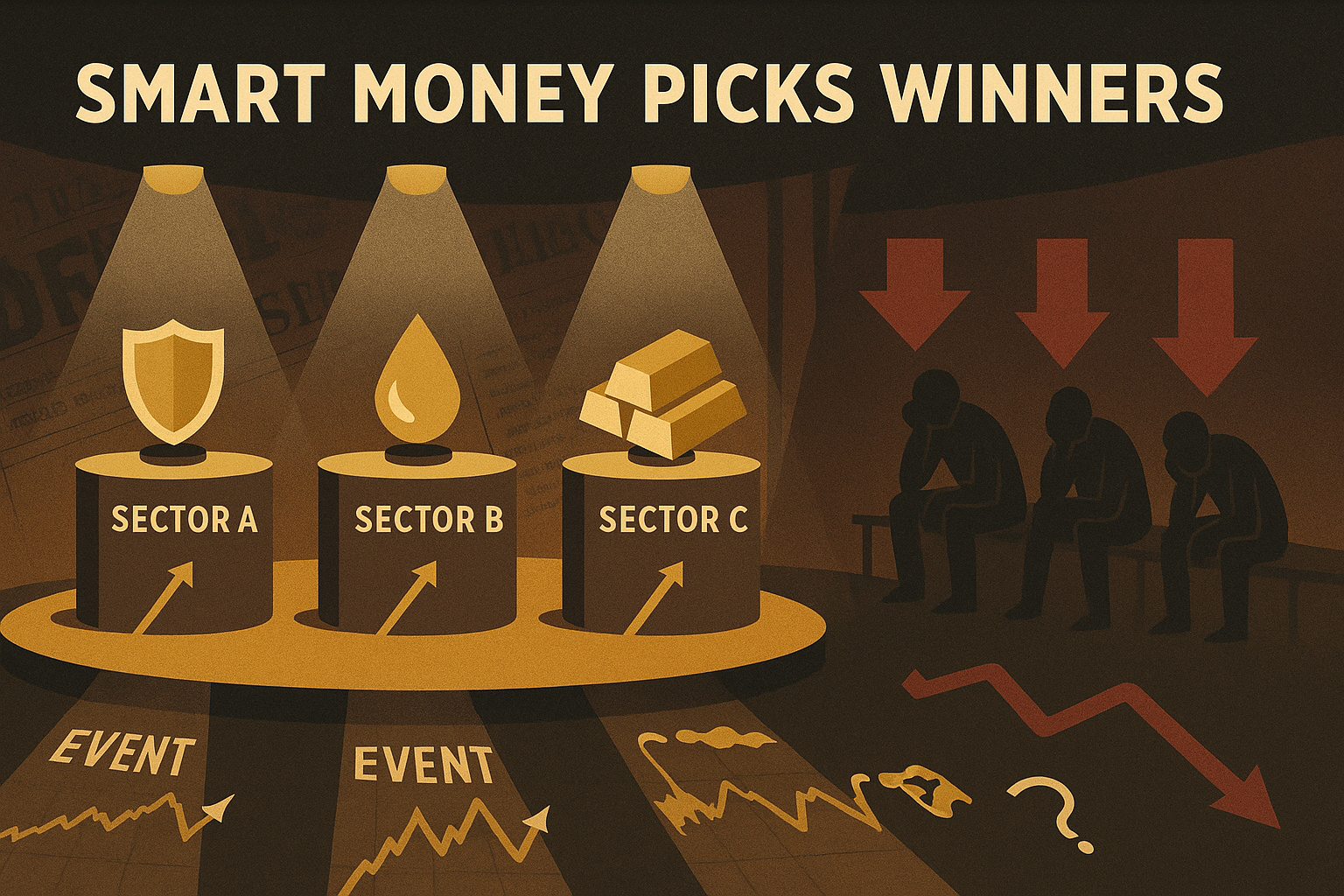A stylized parody draft stage with podiums labeled Sector A, B, and C under spotlights. Symbols for defense, oil, and gold sit on the podiums, while shadowy figures labeled “loser sectors” slump beneath red arrows.