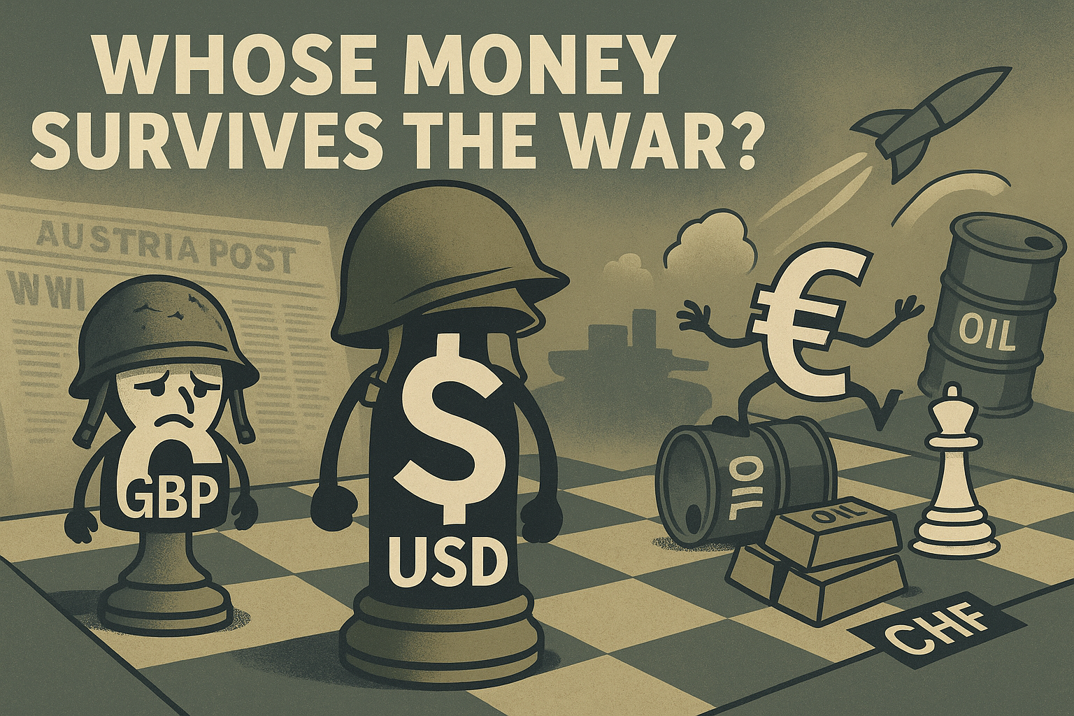 A surreal chessboard where the USD stands tall in military gear, the GBP looks fatigued, the EUR stumbles on oil barrels, and the CHF waits strategically. Caption reads: “Whose Money Survives the War?”