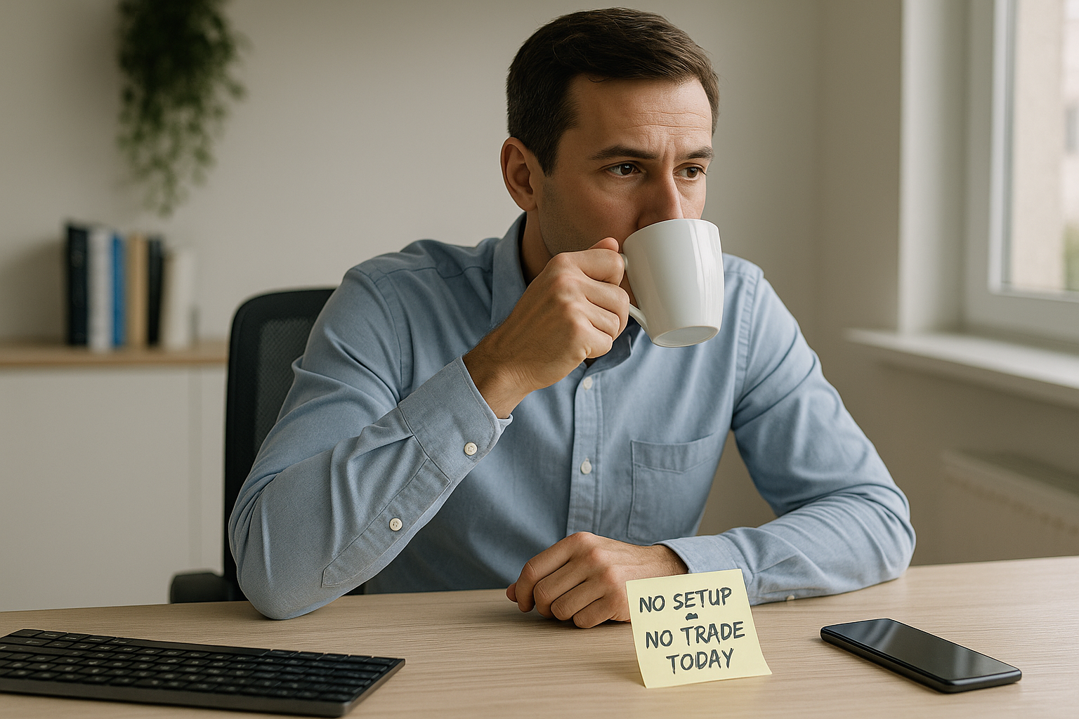 Trader waiting calmly with coffee, showing patience and discipline.
