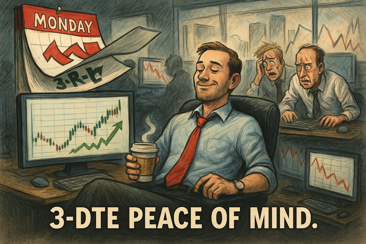 Calm trader executes Friday swing, closes Monday green. Caption: “3-DTE Peace of Mind.”