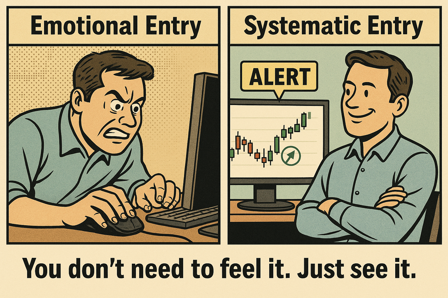 Panel shows difference between emotional vs. mechanical entries. Caption: “You don’t need to feel it. Just see it.”