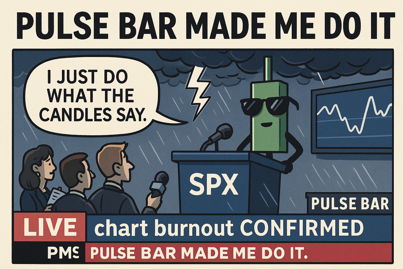 Satirical SPX candle at podium avoids blame. Caption: “Pulse Bar Made Me Do It.”