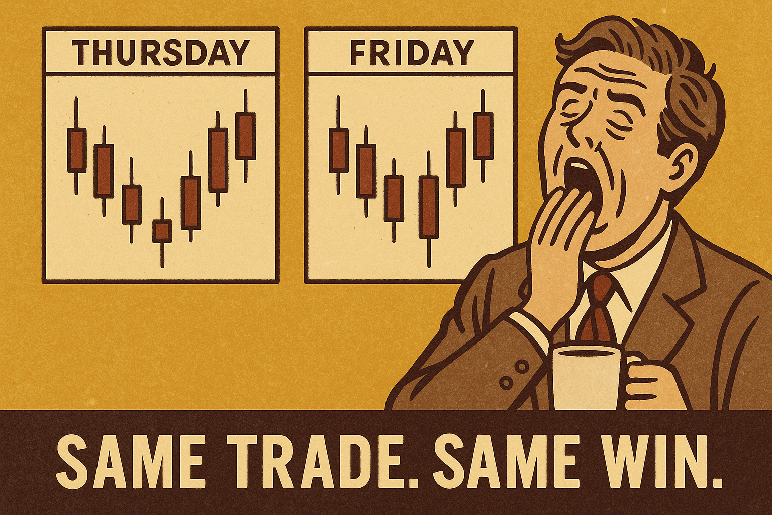 Fun Fact that repetition is boring until it’s profitable. Caption: “Same Trade. Same Win.”
