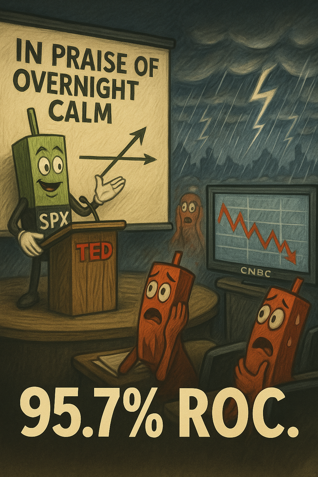 Satirical SPX character promotes calm trading strategies.