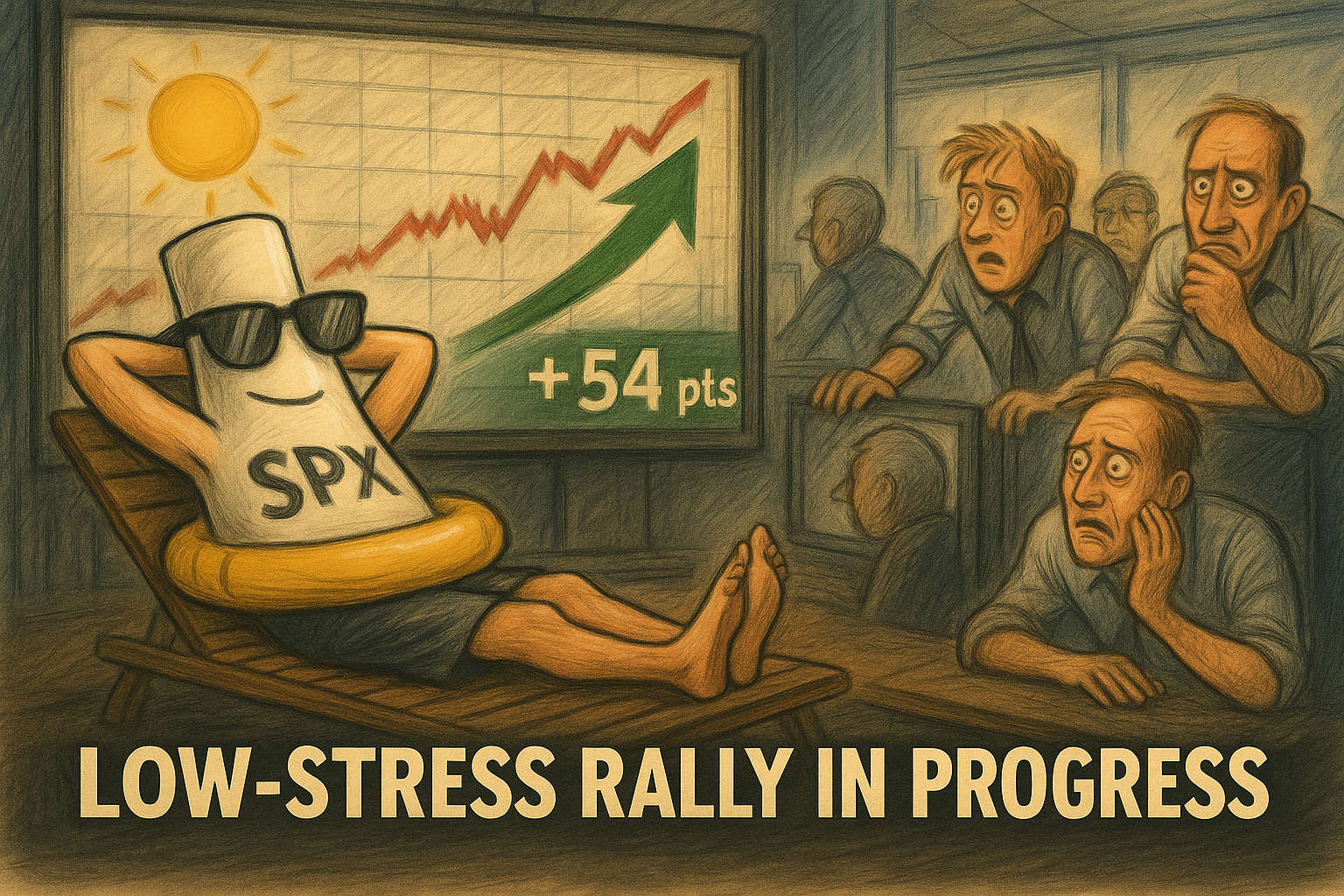 Satirical SPX character enjoys chill move while traders panic-watch.