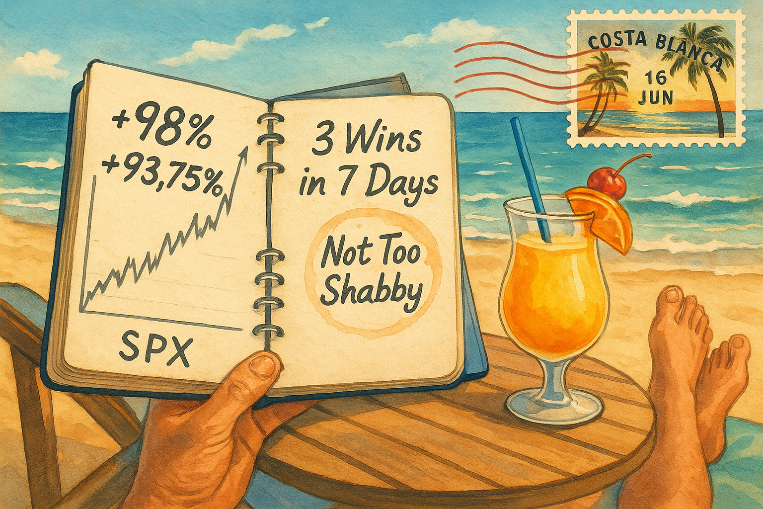  A sun-drenched journal spread open on a beach lounger.