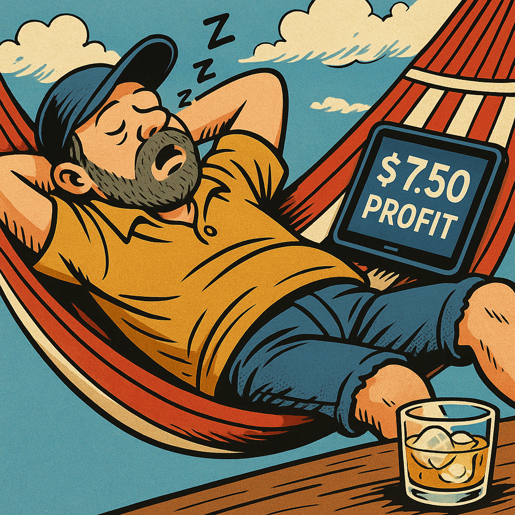 Humorous image of a trader relaxing while swing trade closes profitably.