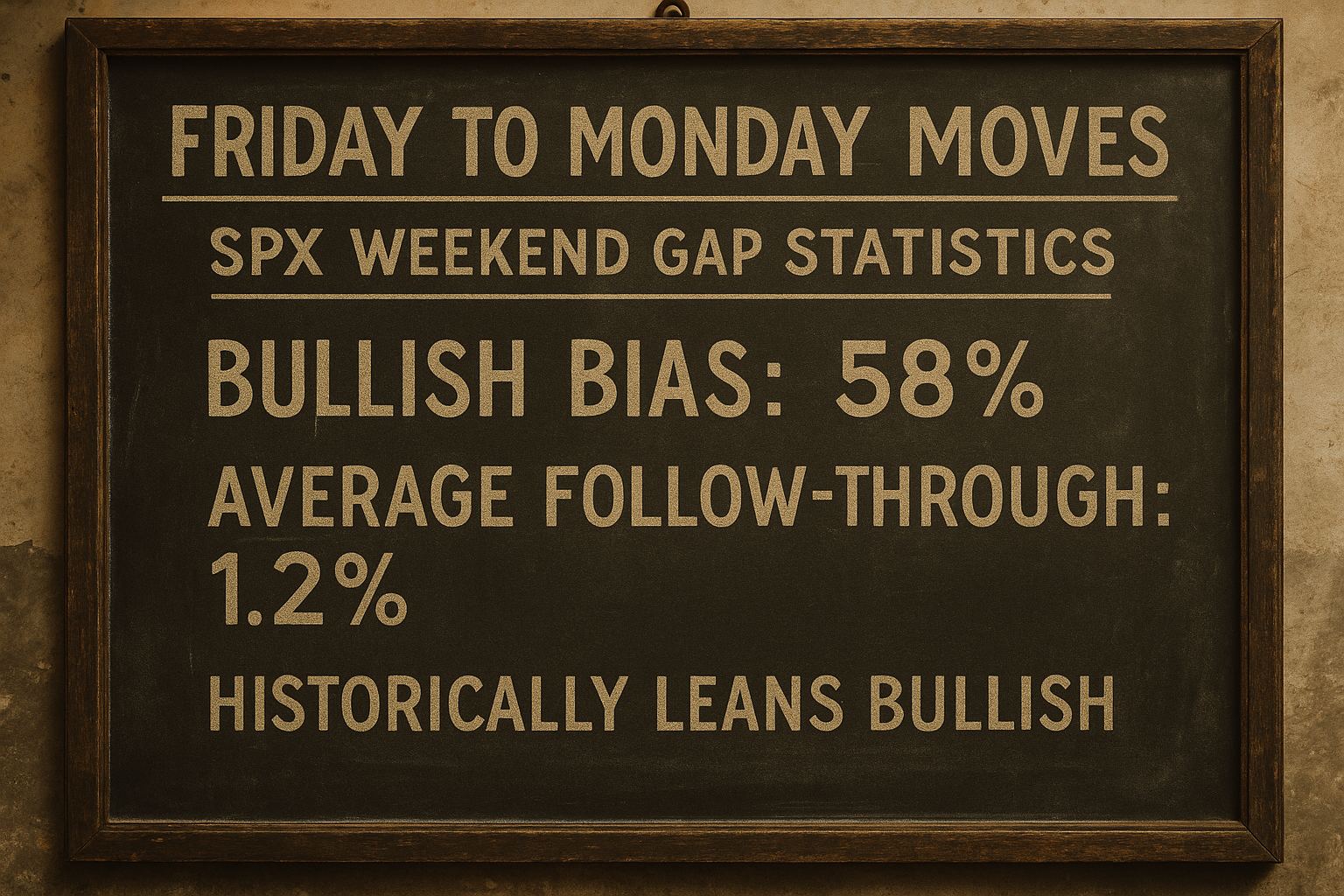 Vintage market data board showing SPX weekend swing tendencies.