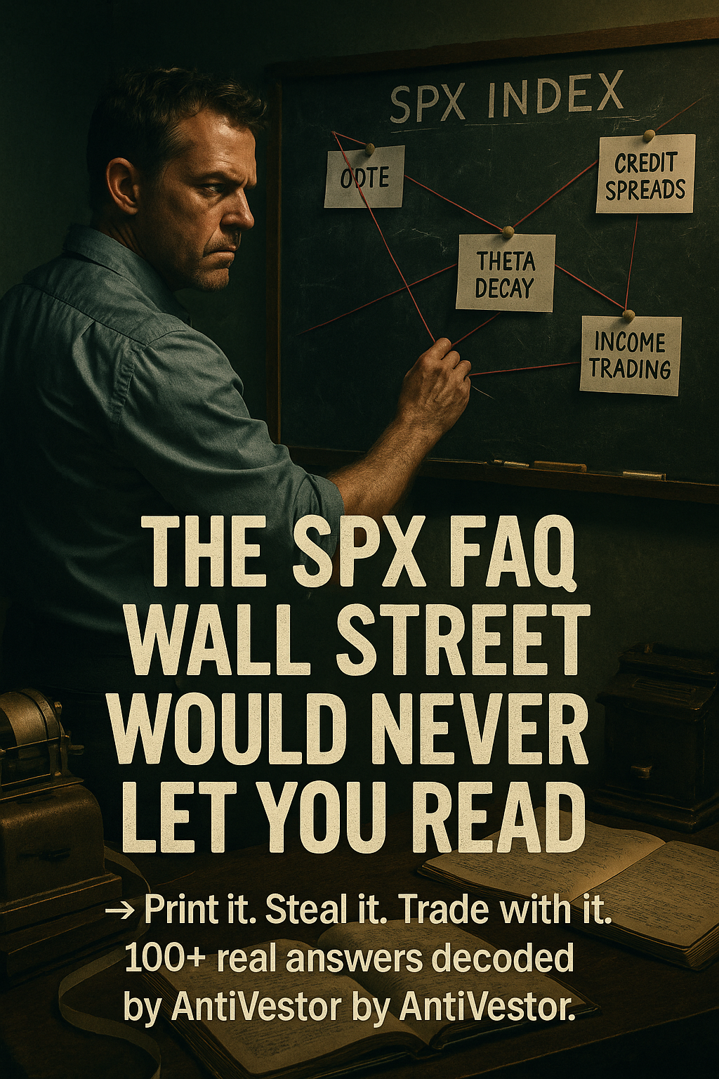 ChatGPT said: A gritty, dimly lit image of a serious middle-aged man pulling red string across a chalkboard labeled “SPX INDEX,” where notes like “0DTE,” “Credit Spreads,” “Theta Decay,” and “Income Trading” are pinned and connected like a trading investigation. Below the board, bold distressed text reads: “THE SPX FAQ WALL STREET WOULD NEVER LET YOU READ.” Beneath that, a subheadline in smaller font says: “→ Print it. Steal it. Trade with it. 100+ real answers decoded by AntiVestor.” The scene evokes a rebellious, underground financial war room.