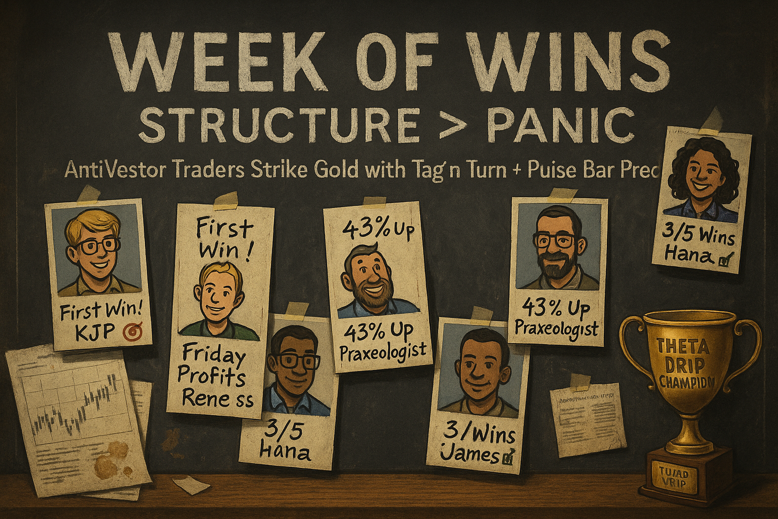 A gritty, satirical Wall Street war board showcasing AntiVestor student wins with stats and sticky notes under the heading “Structure > Panic”.