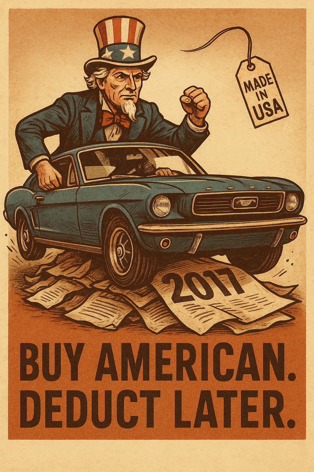 Scene: Uncle Sam driving a Ford Mustang over a pile of expired tax codes labeled “2017.” A “Made in USA” tag flaps from the rearview mirror.