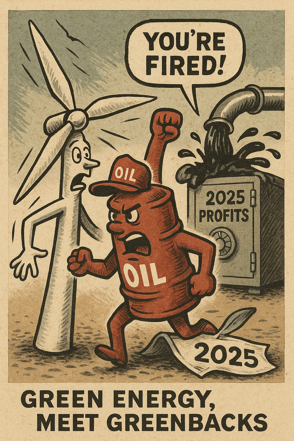 ️ Image Prompt 2 – Style: Financial Satire Exaggeration Scene: A wind turbine being evicted by a red-capped oil barrel shouting “You’re fired!” A pipeline in the background shoots crude into a vault labeled “2025 Profits.” Caption: “Green Energy, Meet Greenbacks.”
