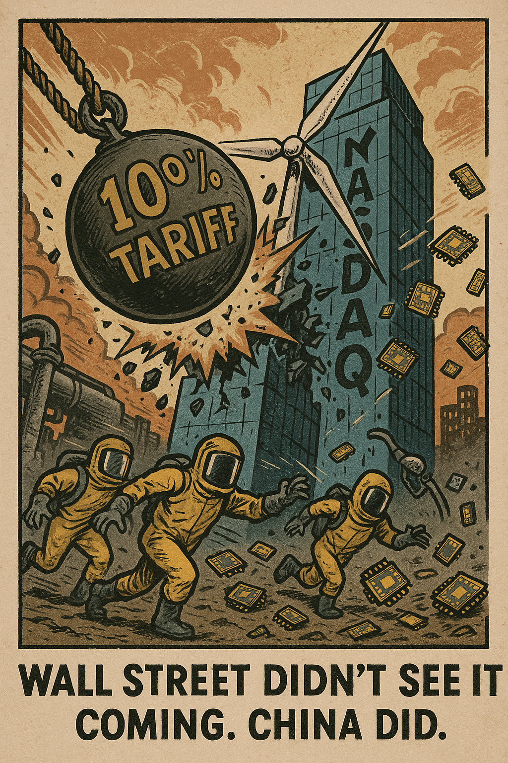 A wrecking ball labeled “10% Tariff” smashes into a Nasdaq tower. Traders in hazmat suits dive for cover as semiconductor chips scatter like debris. Caption: “Wall Street Didn’t See It Coming. China Did.”