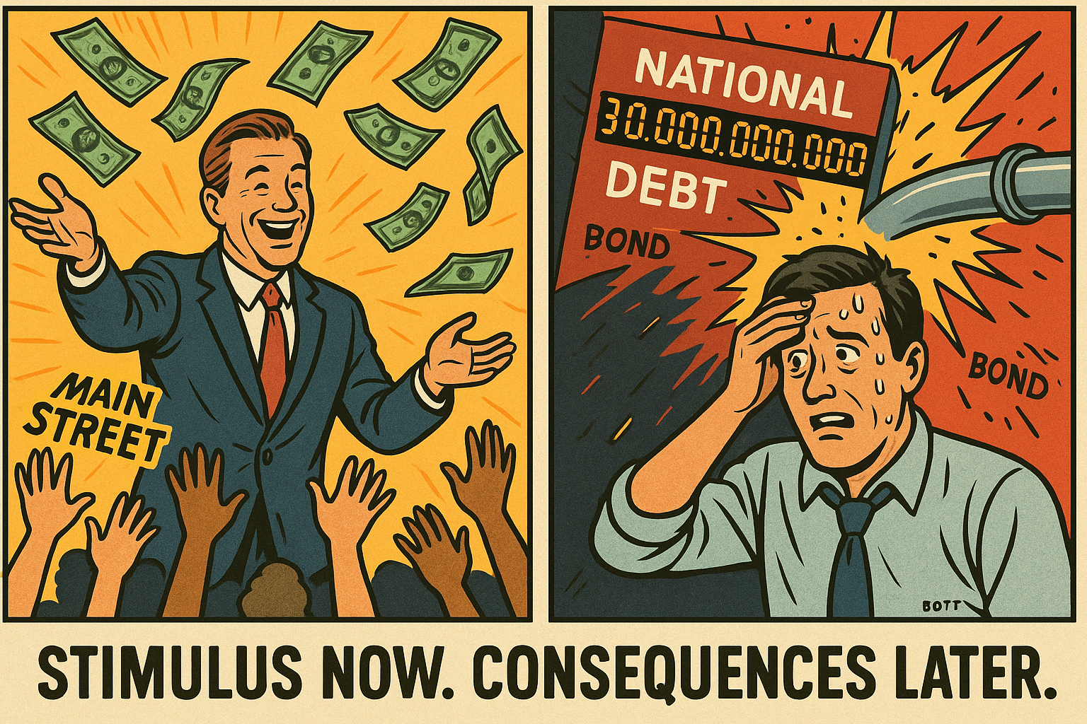 Left: A smiling politician tosses $100 bills into a crowd labeled “Main Street.” Right: A bond trader wipes sweat while watching the debt clock explode behind him. Caption: “Stimulus Now. Consequences Later.”
