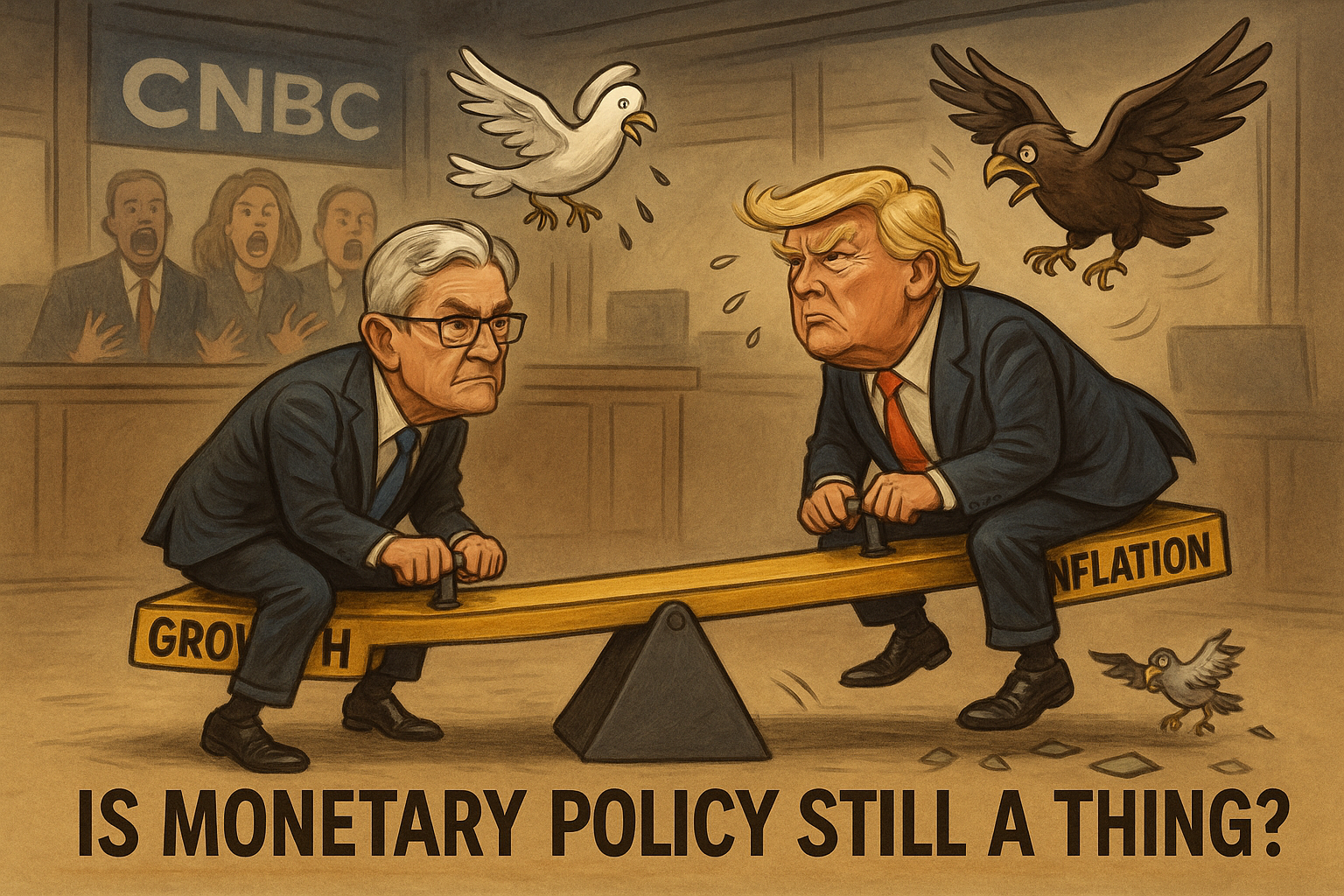 Scene: Powell and Trump at opposite ends of a seesaw, one labeled “Growth,” the other “Inflation.” A confused dove and hawk flap around as CNBC hosts scream in the background. Caption: “Is Monetary Policy Still a Thing?”