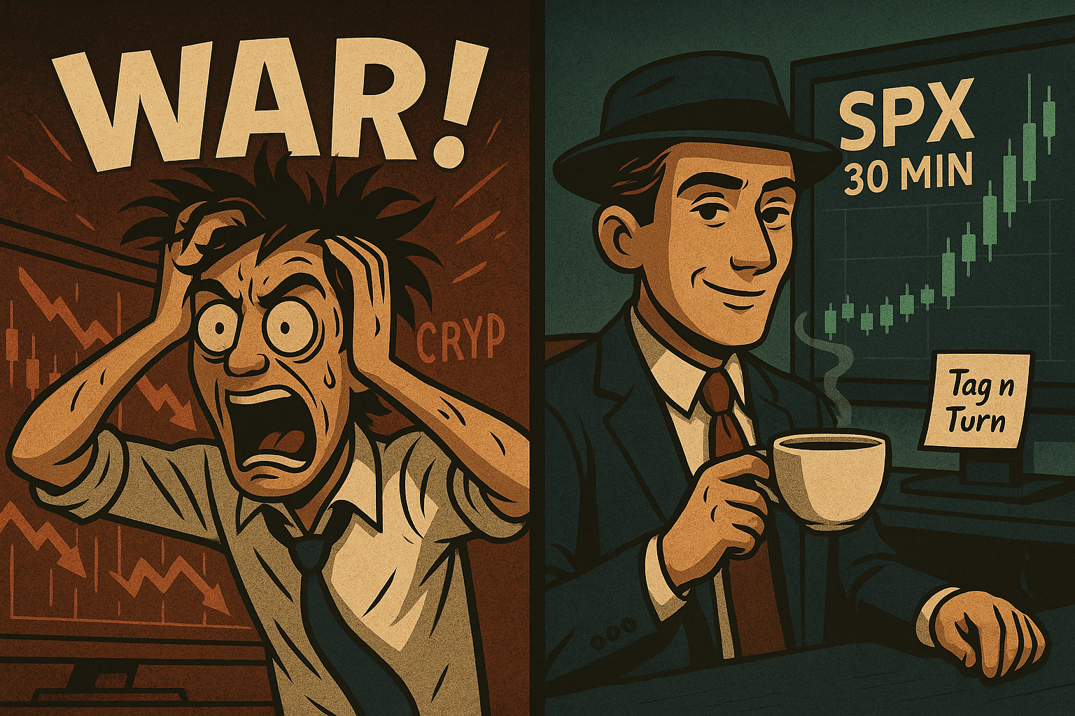 Cartoon contrast between crypto volatility and SPX pattern calm.