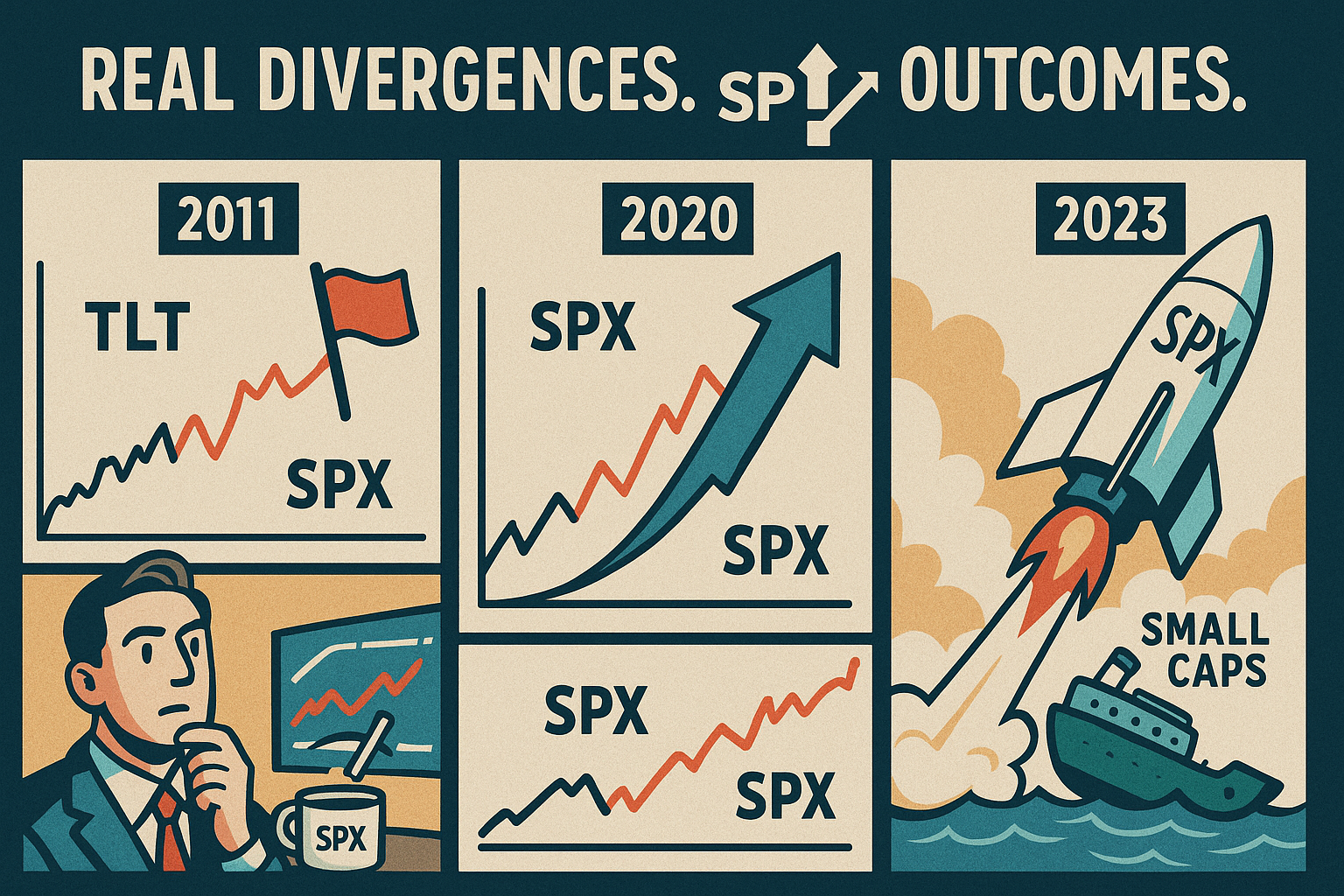 “Real Divergences. Real Outcomes.” Overlay: SPX logos with diverging arrows