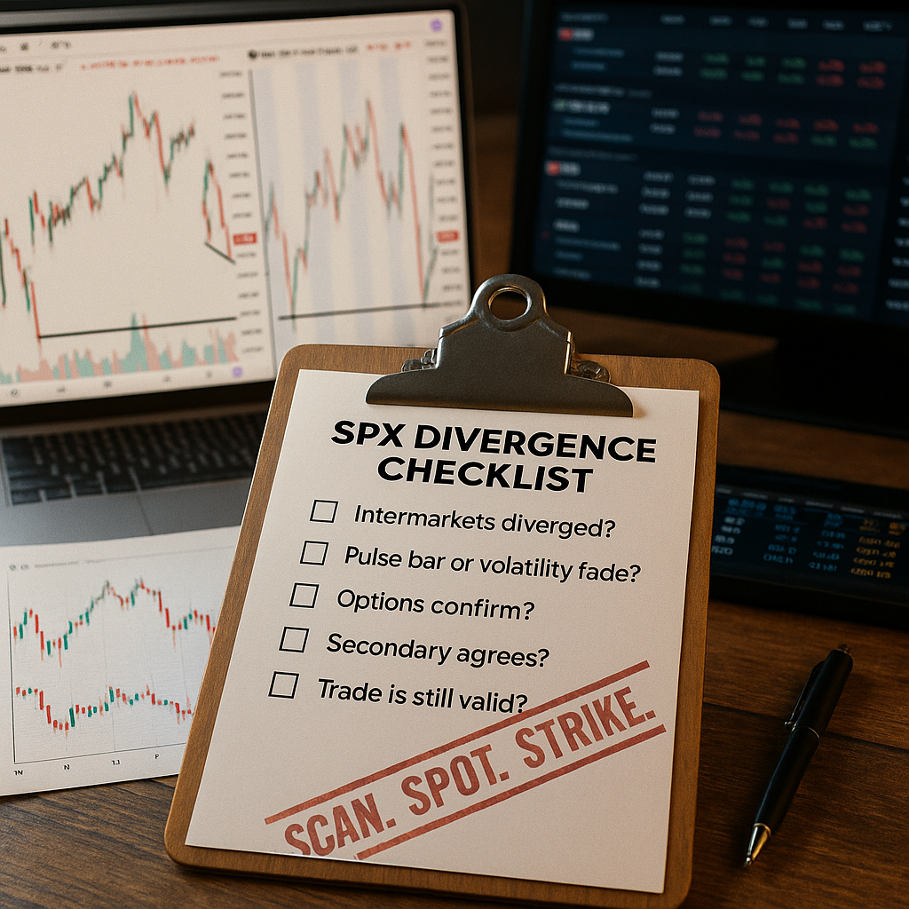 Clipboard with printed SPX Divergence Checklist on it, lying on a wooden trading desk next to a pulse bar chart and a pen. Caption stamped diagonally: “Scan. Spot. Strike.” Background: terminal screen showing SPX & ES side by side.