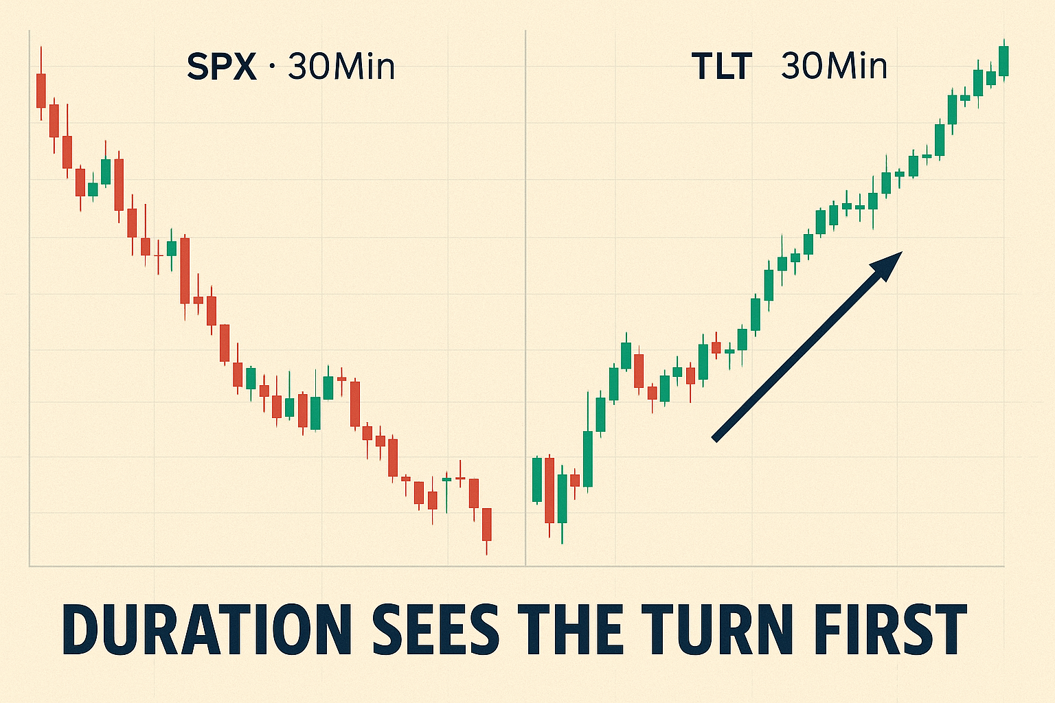 TLT stair-steps higher while SPX makes fresh lows. Caption: “Duration Sees the Turn First.”
