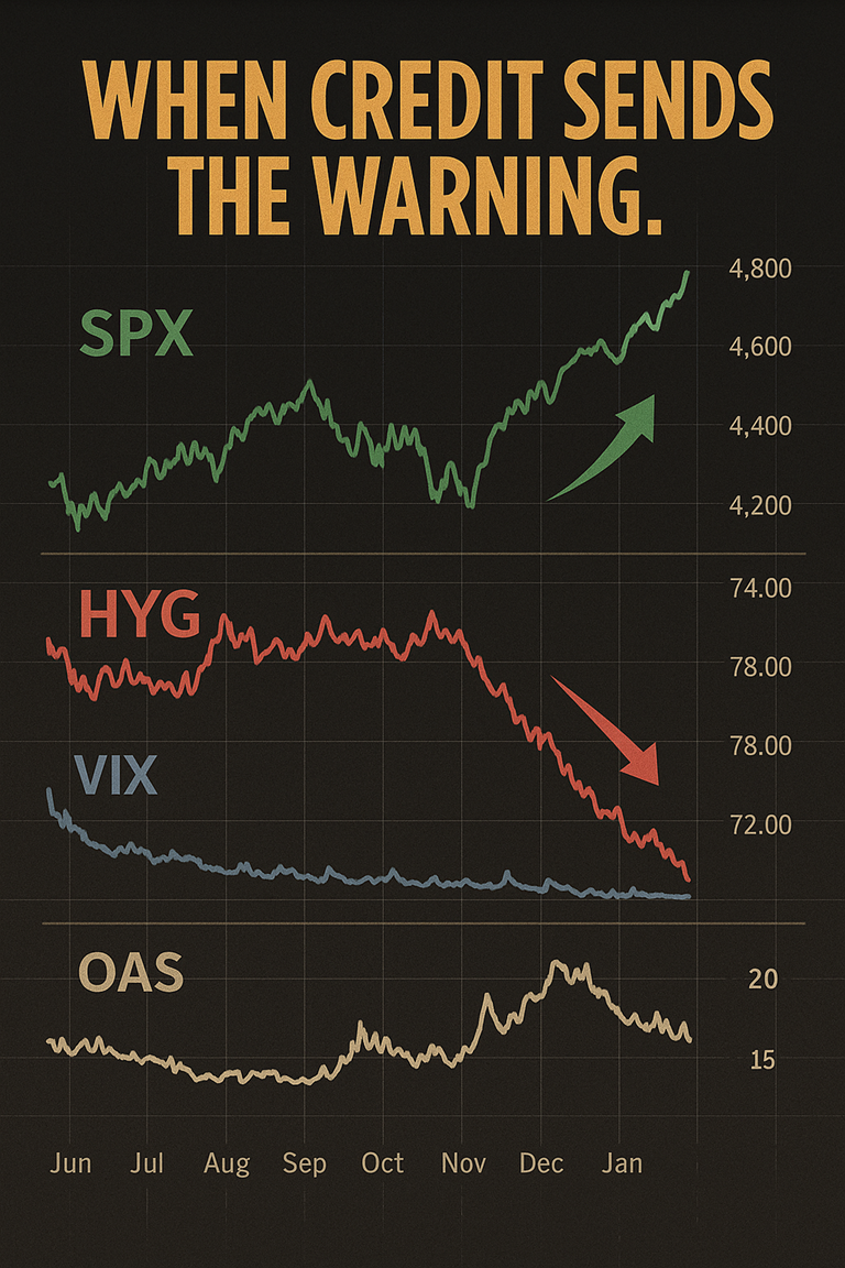 SPX rising while HYG falls, with VIX and OAS overlays. Caption: “When Credit Sends the Warning.”