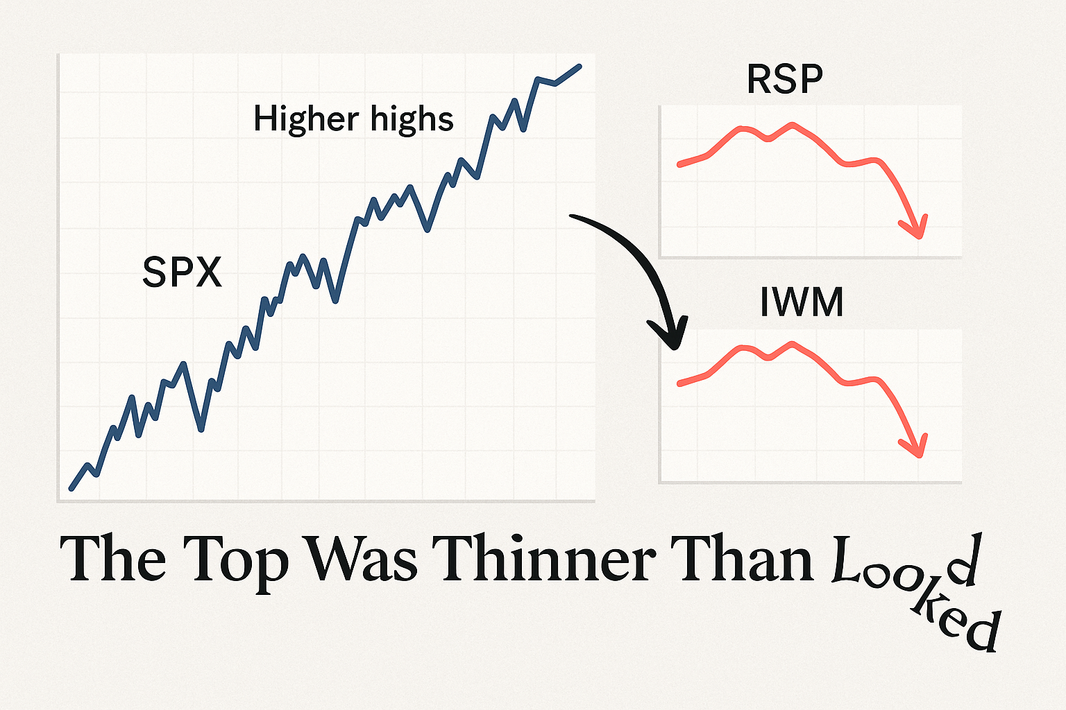 Prompt: SPX making higher highs, while RSP and IWM roll over. Caption: “The Top Was Thinner Than It Looked.”