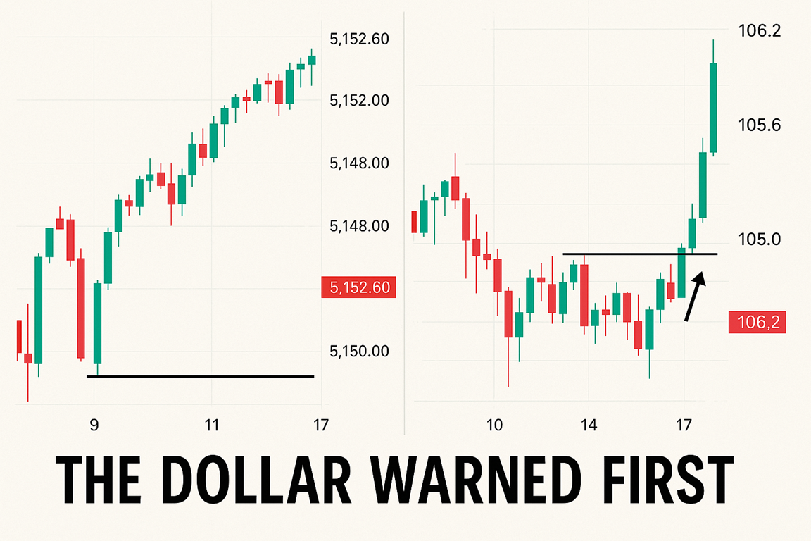 DXY breakout above resistance while SPX makes marginal new highs. Caption: “The Dollar Warned First.”