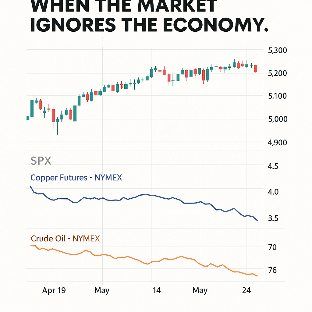 SPX grinding sideways while copper and oil fall. Caption: “When the Market Ignores the Economy.”