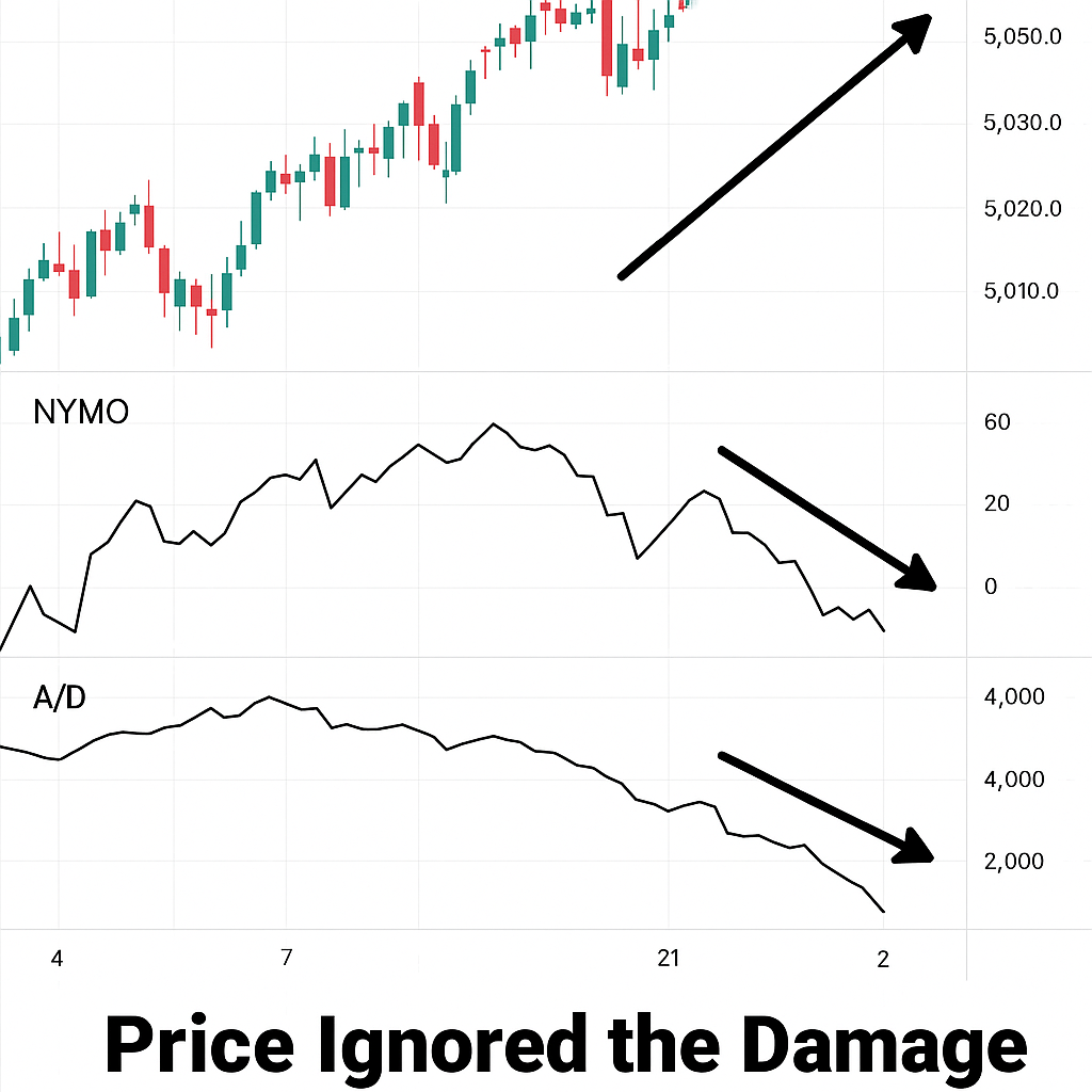 SPX climbing while NYMO and A/D turn lower. Caption: “Price Ignored the Damage Underneath.”