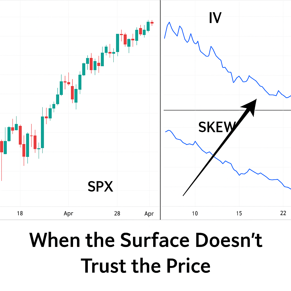 SPX rising while IV and skew flatten. Caption: “When the Surface Doesn’t Trust the Price.”